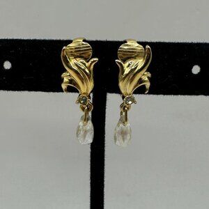 Vintage Gold Tone Clip-On Earrings With Rhinestone Teardrop Dangles